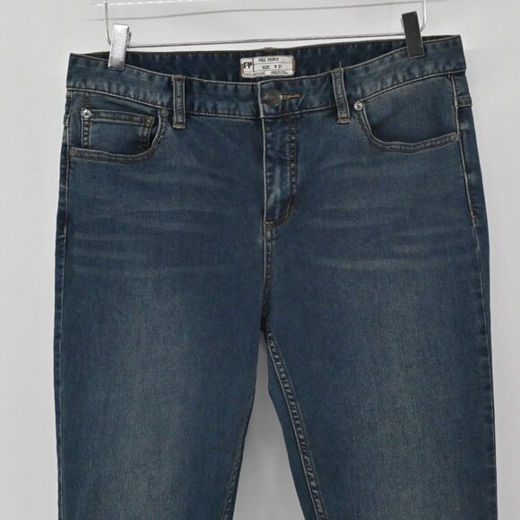 FREE PEOPLE Jeans Womens Sz 31 Dark Wash Distressed Busted Knee Mid Rise Skinny - Picture 2 of 12